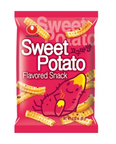 Nongshim Sweet Potato Flavored Snack 55g in bright pink packaging, featuring crispy golden Korean sweet potato snack sticks with black sesame, available at AfroFresh Poland.