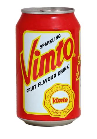 Vimto Sparkling Original 330ml red aluminium can, refreshing British carbonated mixed fruit drink with grape, blackcurrant and raspberry flavours, available at AfroFresh Poland.