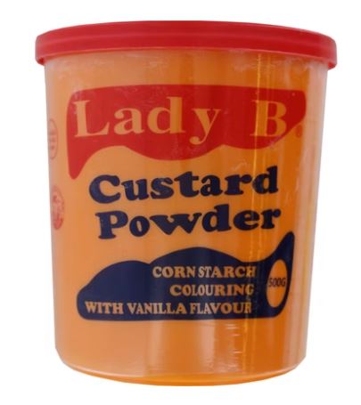 Lady B Custard Powder 500g vanilla flavour in an orange plastic container with red lid, Nigerian corn starch custard for creamy breakfasts and desserts, available at AfroFresh Poland.
 Copy alt text