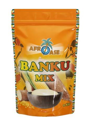 Afroase Banku Mix 1kg in an orange resealable pouch, traditional Ghanaian maize and cassava flour blend for preparing banku, available at AfroFresh Poland.