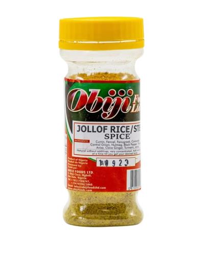 Obiji Jollof Rice/Stew Spice 112g in a transparent plastic spice jar with yellow lid, authentic Nigerian seasoning blend for jollof rice and traditional African stews, available at AfroFresh Poland.
 Copy alt text