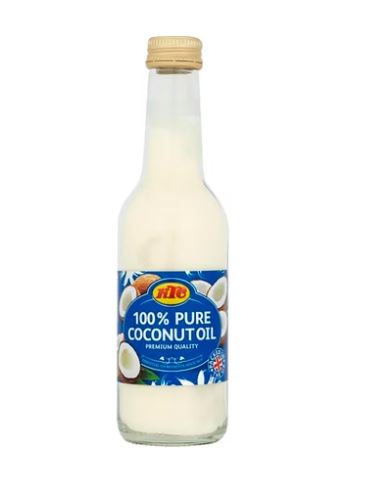KTC 100% Pure Coconut Oil 250ml in a clear glass bottle with a blue coconut label and gold cap, premium refined coconut cooking oil available at AfroFresh Poland.